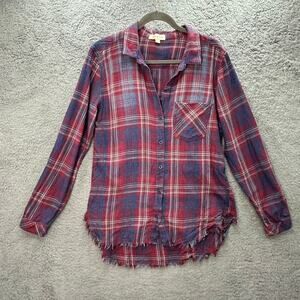 Cloth and Stone Women's Large Plaid Long Sleeve Button Up Raw Hem Casual Comfort